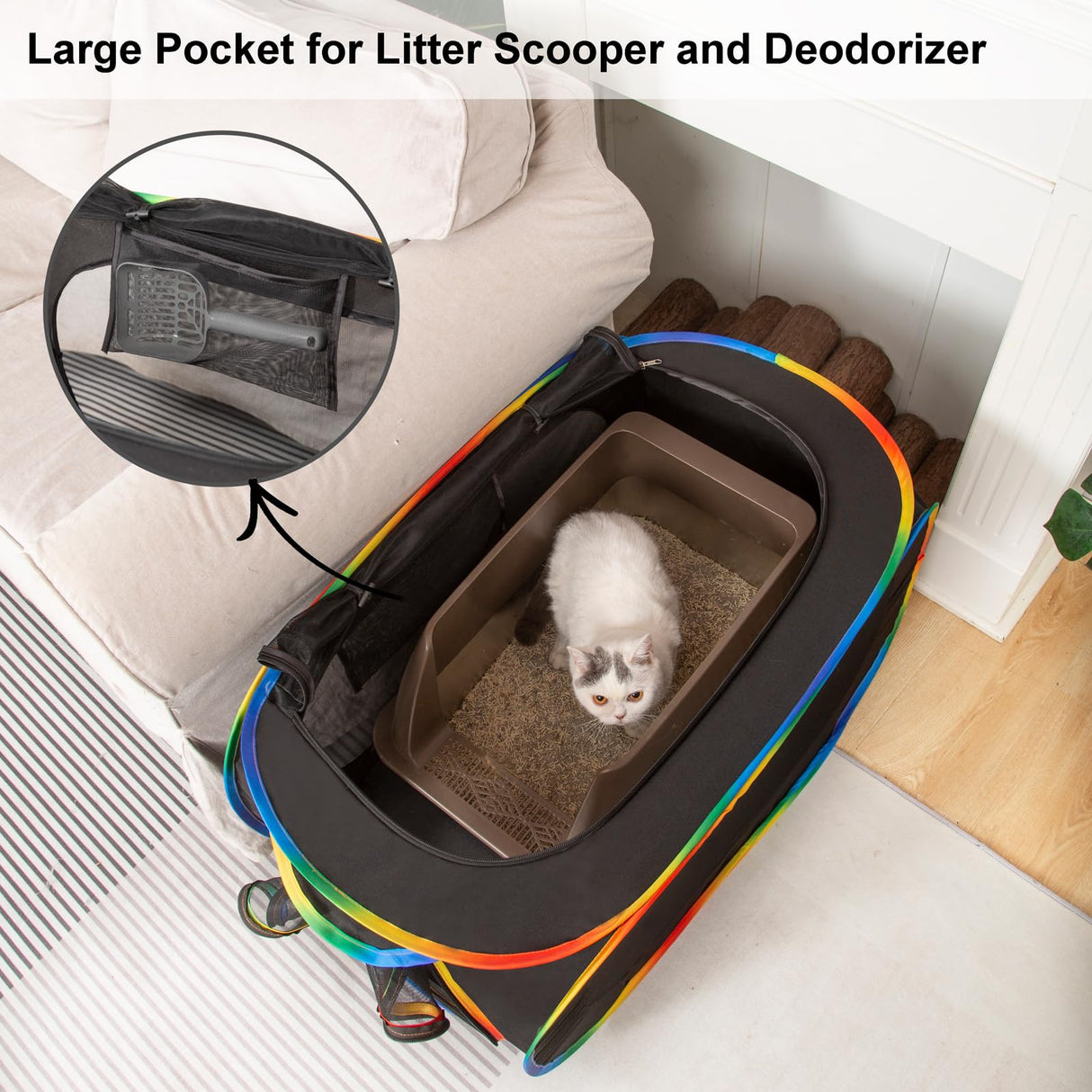 LUCKITTY Portable Cat Litter Box Enclosure, Pop Up Hidden Litter Box Furniture with Big Pocket for Living Room, Bedroom, Made by Waterproof Oxford & Breathable Mesh, Black-Rainbow, 32" L×19" W×19" H LUCKITTY