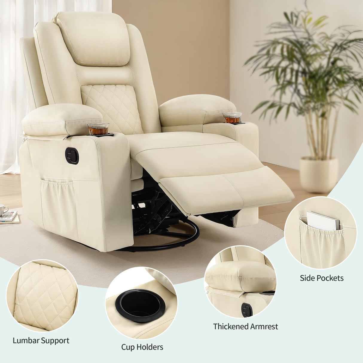 YITAHOME Recliner Chair,PU Rocking Chair for Adults,Swivel Recliner with Cup Holders,Heat and Massage,Single Sofa Seat with Side Pockets for Living Room/Bedroom,White YITAHOME