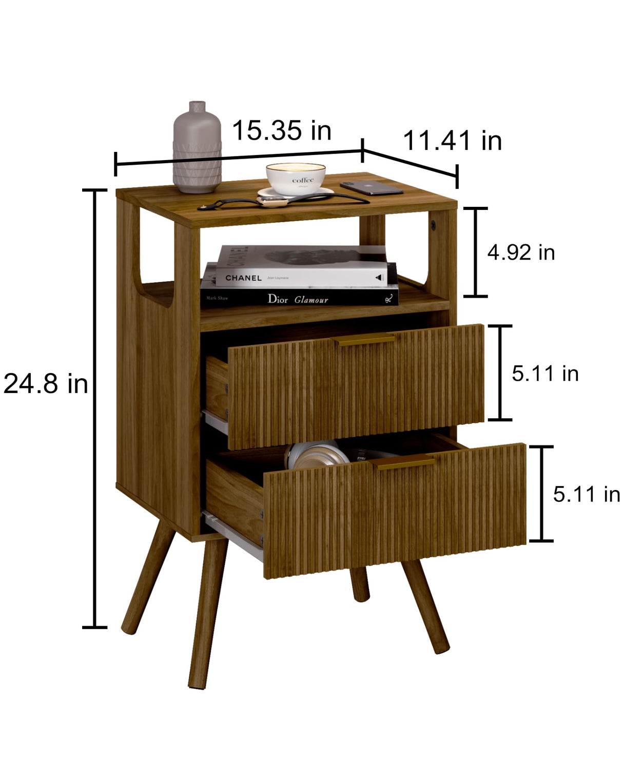 Leomonio Nightstand,Modern Bedside Table with 2 Storage Drawer and Open Wood Shelf, for Bedroom and Small Spaces,Night Stand with Solid Wood Legs,Walnut Brown Leomonio