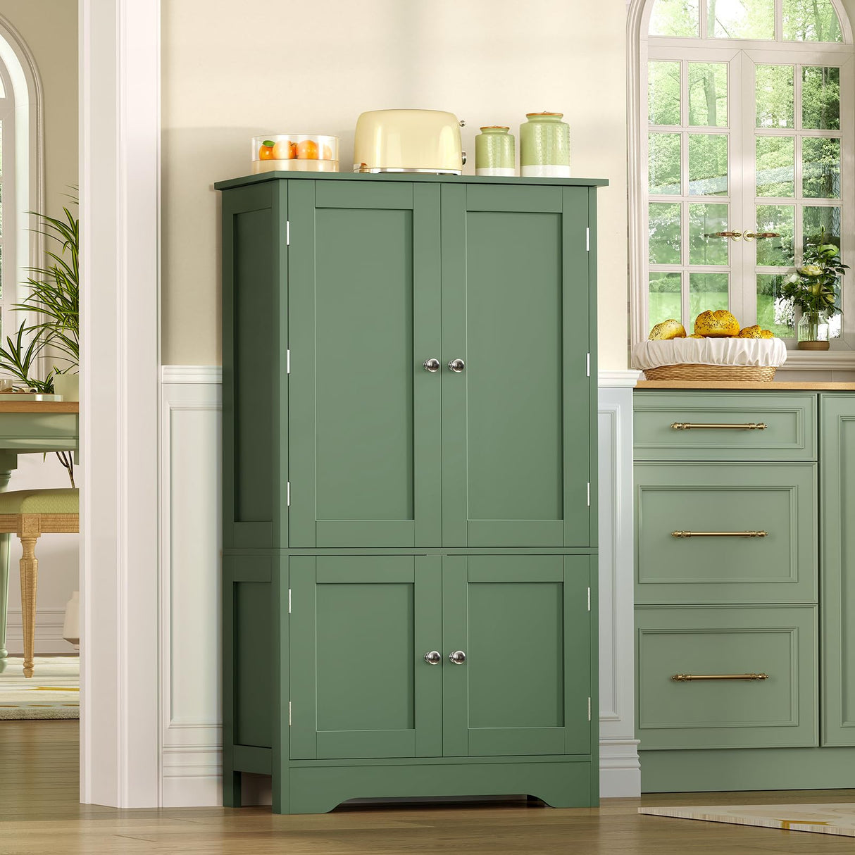 TEENFON 43" H Storage Cabinet with 4 Doors, Kitchen Cabinet with 6 Door Shelves, Kitchen Pantry Cabinets for Living Room, Dining Room, Bathroom, Forest Green TEENFON