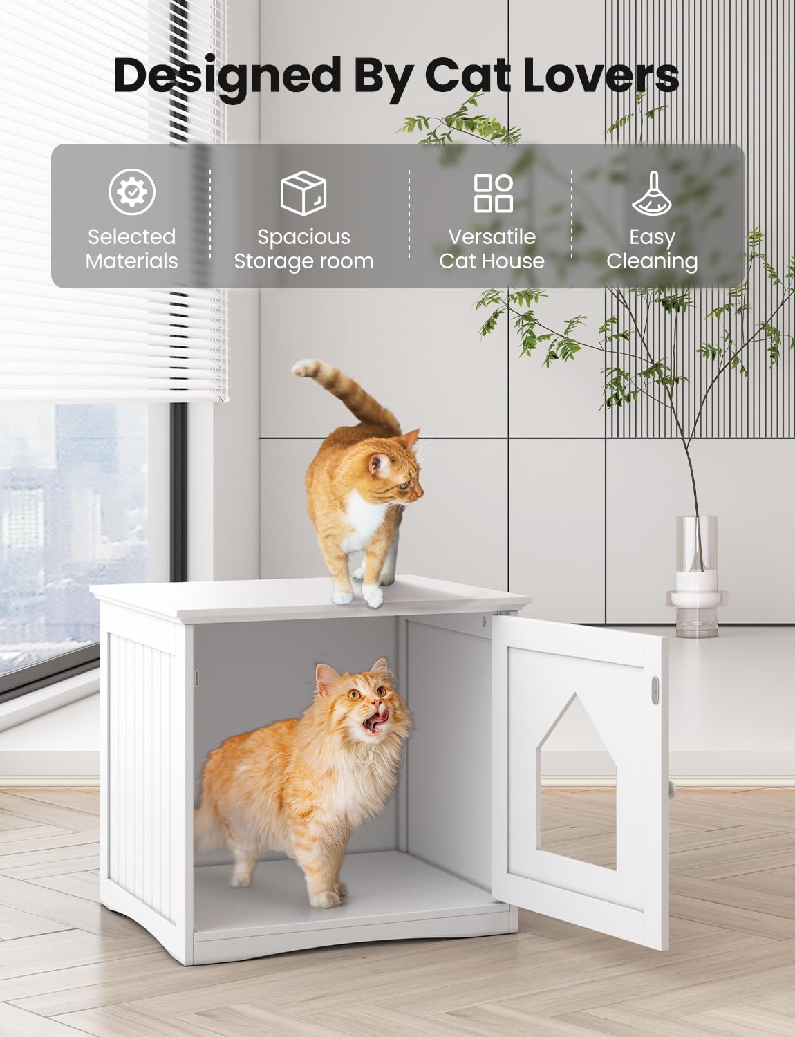 HAPPAWS Cat Litter Box Enclosure Furniture, Modern Cat Box Furniture Hidden, Sturdy Wooden Night Stand & Cat House Side Table, Easy Assembly, Fit Most of Litter Box, White HAPPAWS