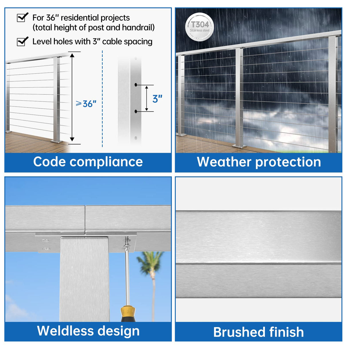 Muzata Cable Railing Post 36 Inch 36"x2"x2" Level Drilled Surface Mount Brushed T304 Stainless Steel Cable Railing System Kit Indoor Outdoor with Paper User Guide PS02 LH4S Muzata