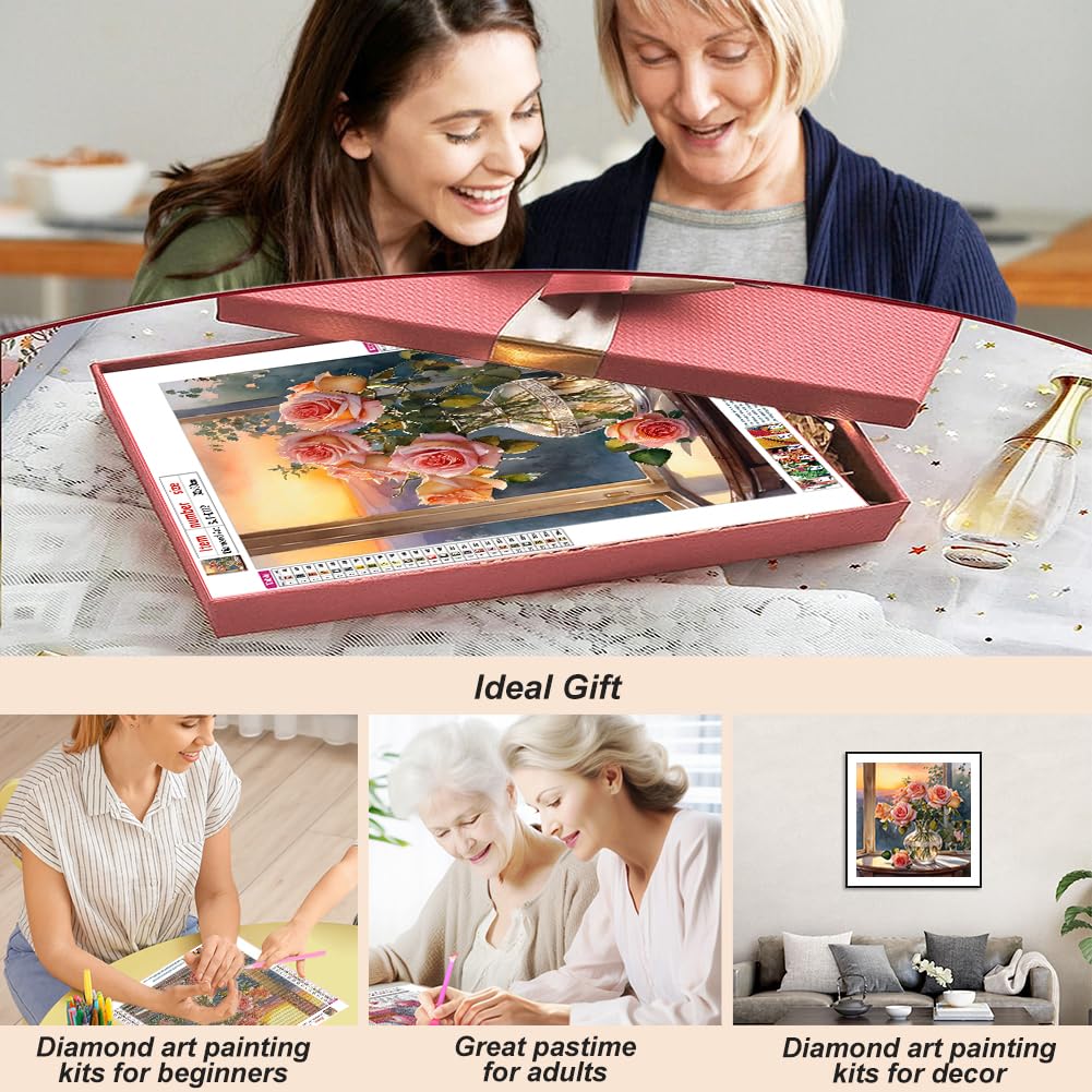SJUTOUCI Diamond Painting Kits for Adults, Rose Flower Diamond Art Kits for Beginners, 5D DIY Full Drill Gem Craft Art for Home Decor Gift 11.8x11.8 inch SJUTOUCI