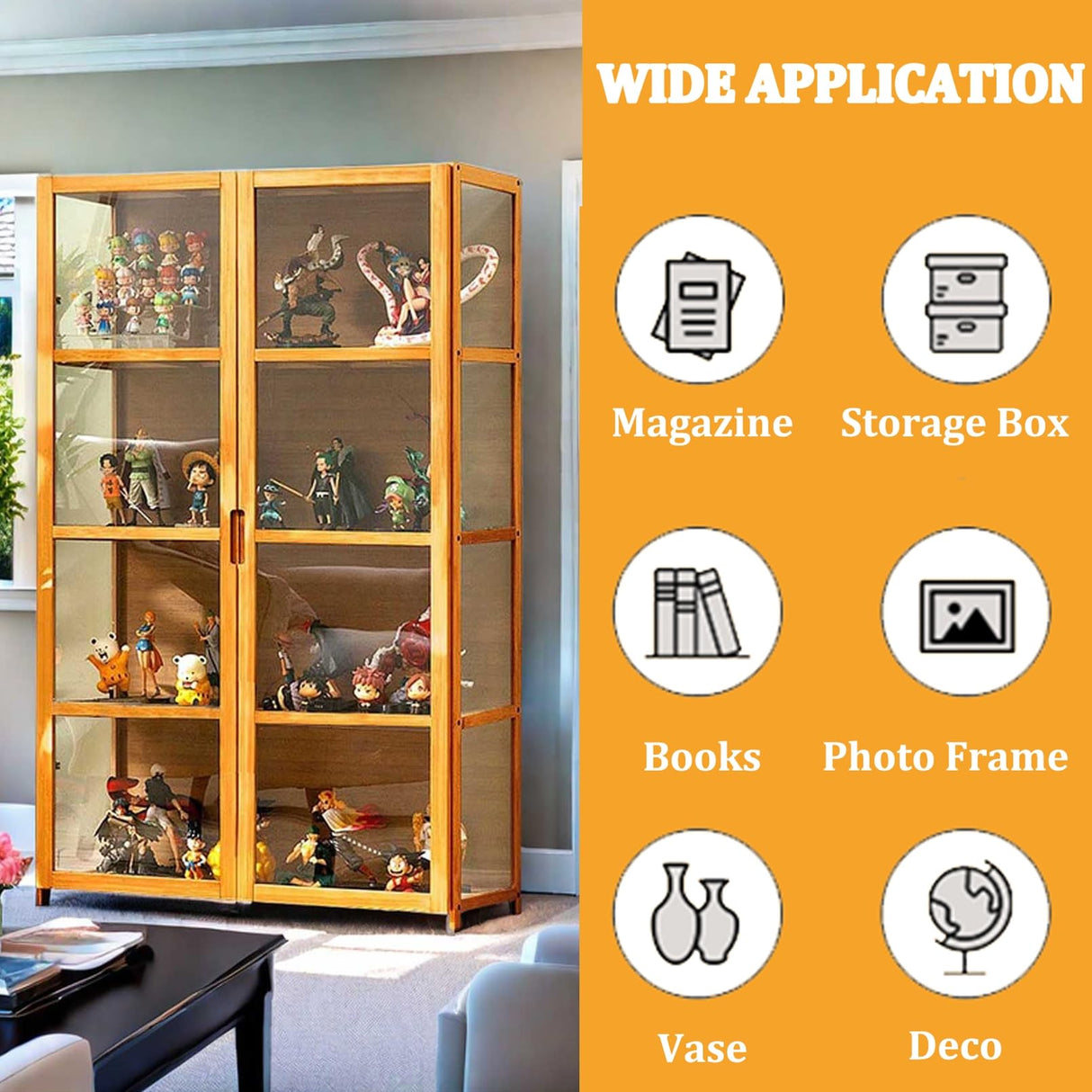 4-Tier Curio Cabinets with Acrylic Doors 51in Display Cabinet Natural Bamboo Frame,Safe and Healthy,Double Door Design for Convenient Storage,Sealed Dustproof,Easy to Clean,Brown,32 * 13 * 51in Generic