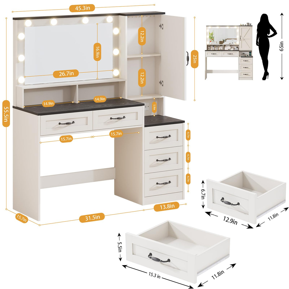 Farmhouse Vanity Desk with Mirror and 10 Led Lights, 45.3 " Large Makeup Vanity Table with Power Outlet, 5 Drawers and 1 cabinet, Vanity Set Dressing Table with 9 Hooks for Women Girls (White+Black) DINGIPP