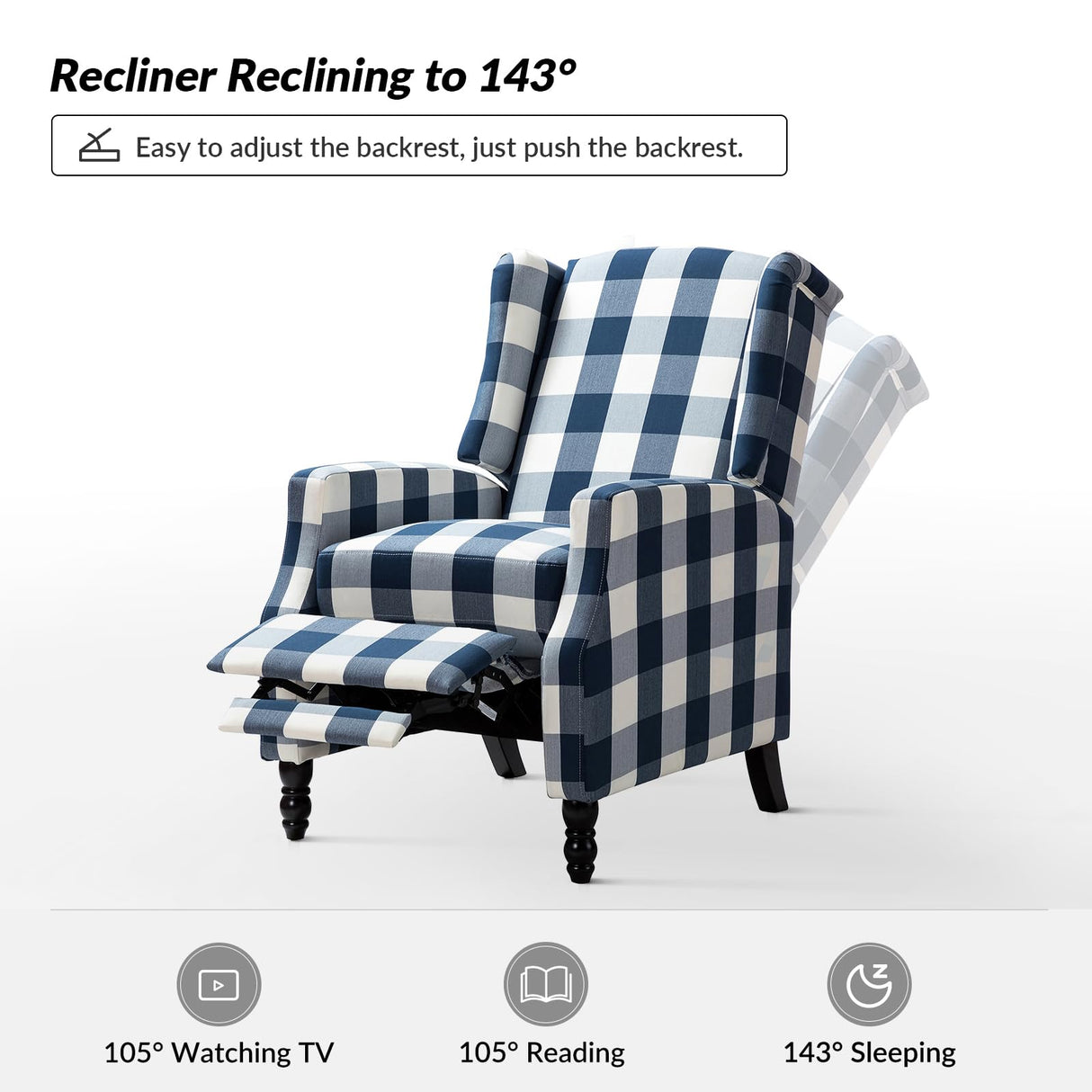 Upholstered Wingback Recliner Chair, Traditional Push Back Recliner Sofa, Mid Century Modern Lounge Armchair for Living Room, Home Theater Accent Chairs Recliners Couches (Navy) TINA'S HOME