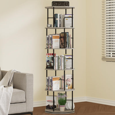 HOVANESTY 5-Tier Rotating Bookshelf Storage Rack, Corner Spinning Bookshelf Tower with Bookends for Small Space, Narrow Revolving Bookcase for Bedroom, Living Room, Office, Study Room, Octagonal