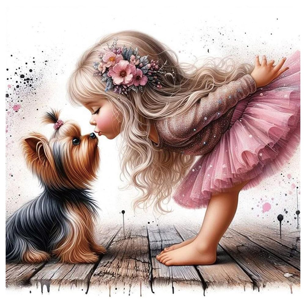 Sanjee Diamond Art Kits for Adults, Diamond Painting Kits Girl Kissing Dog for Adults, 5D DIY Round Full Drill Gem Art Crafts for Home Wall Decor Gift, 12x12inch Sanjee