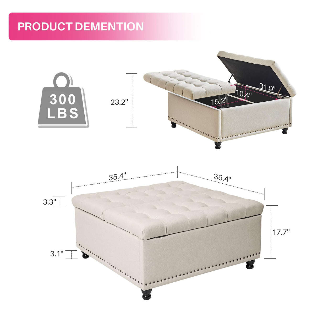 Redlife 35 Inch Large Square Storage Ottoman Bench, Storage Ottoman Coffee Table Large Square Ottoman with Storage Lift Top Tufted Storage Ottoman for Living Room (Beige) Redlifeᅟᅠ