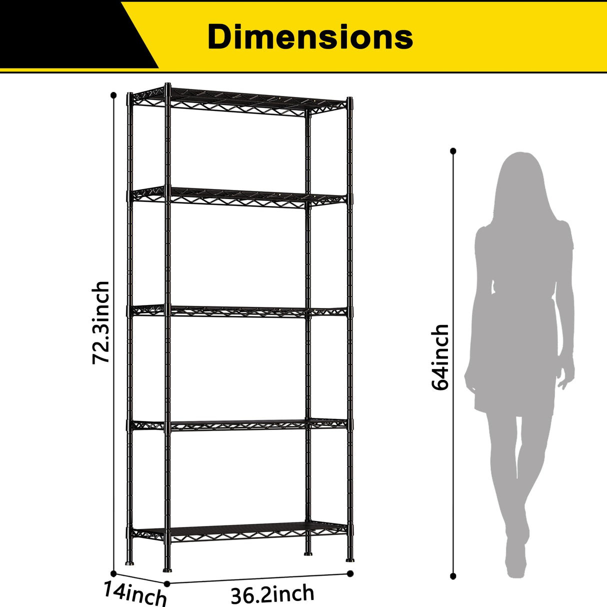 GIOTORENT 5-Wire Garage Shelving Storage Shelves, Metal Shelf Organizer 1750Lbs Capacity, Kitchen Storage Adjustable Shelf for Laundry Bathroom Pantry Closet, Black 36.2''L x 14''W x 72.3''H GIOTORENT