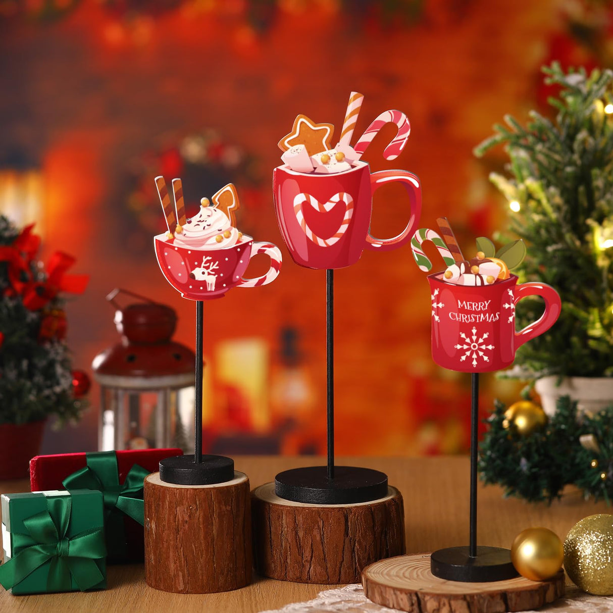 3 Pcs Christmas Table Decor Hot Chocolate Bar Hot Cocoa Bar Supplies Christmas Table Centerpieces Christmas Wooden Sign Tabletop Decor for Home Xmas Winter Holiday Party Decorations Geetery
