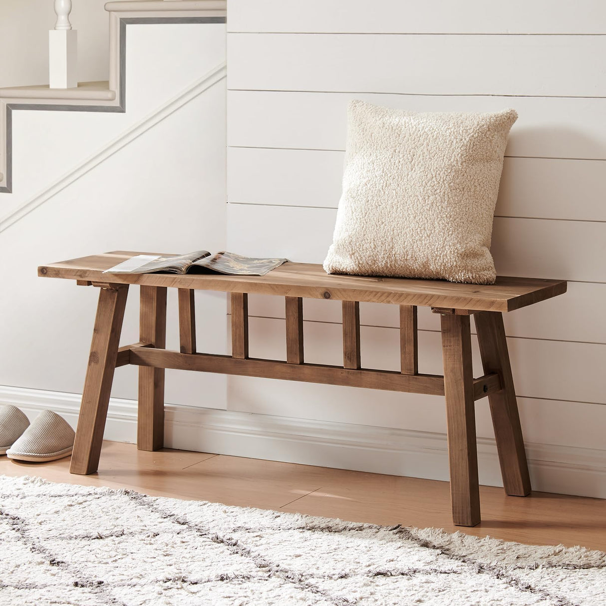 Wnutrees 43" Solid Wood Bench, Farmhouse Rustic Entryway Bench Seat for Dining Room, Hallway, End of Bed, Handcrafted Finish, Natural Wnutrees