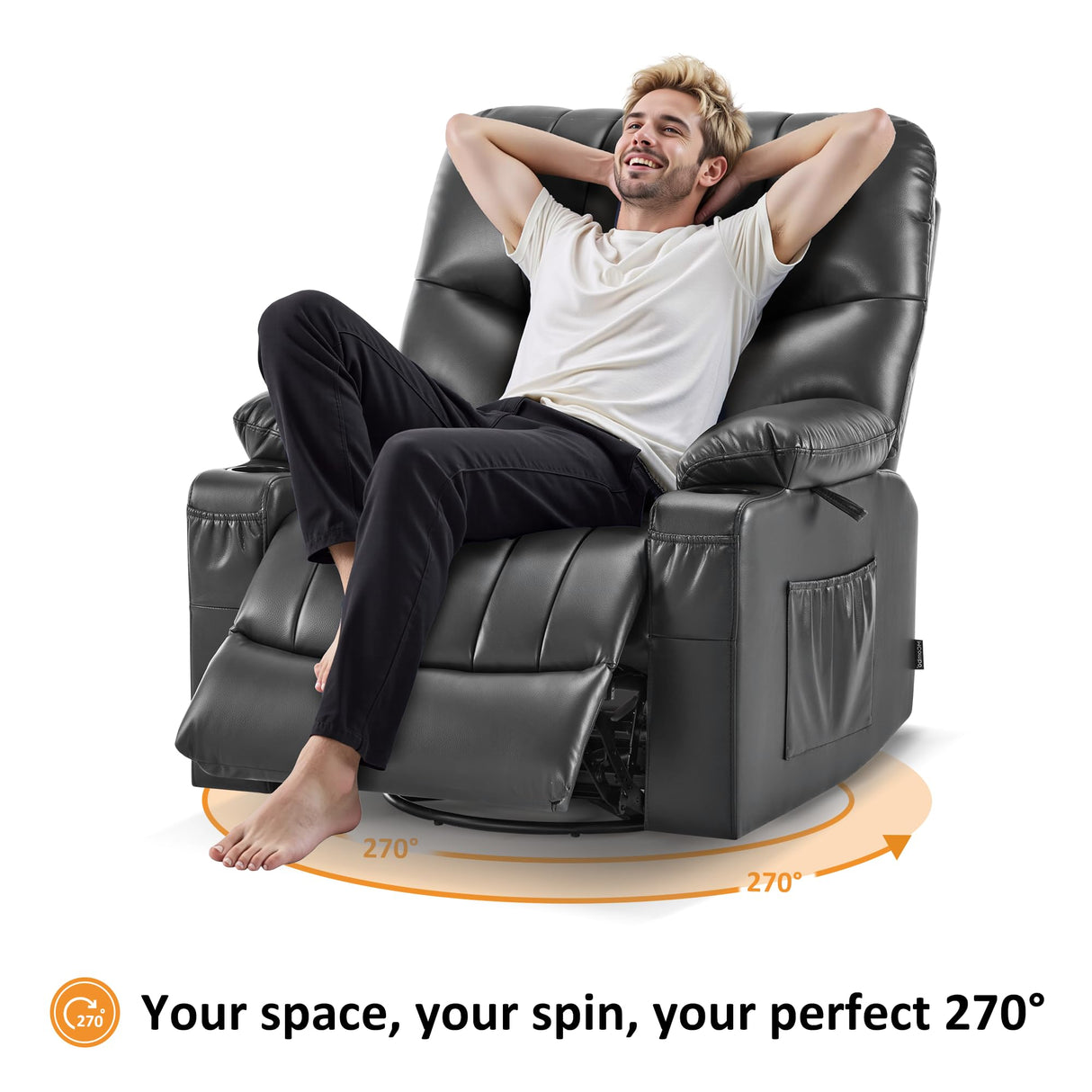 MCombo Oversized Swivel Glider Rocker Power Recliner Chair for Living Room with Heat and Vibration Massage, USB Ports, Cup Holders and Pockets, Faux Leather 7785 (Dark Grey) MCombo