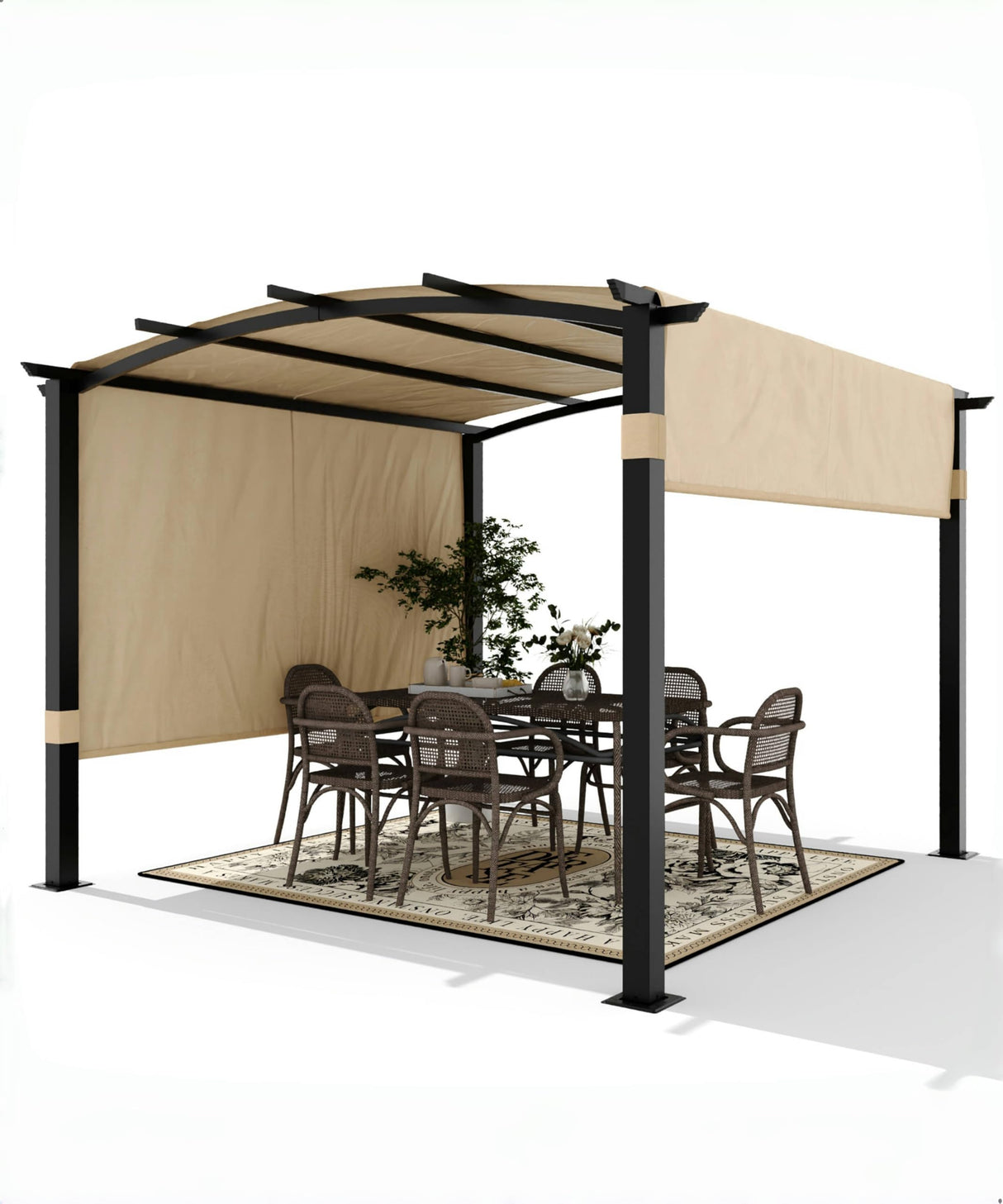 GarveeLife 10 x 10 Ft Outdoor Arched Pergola, Metal Pergola with Retractable Canopy, Arched Style Gazebos for Backyard, Lawn, Patios (Khaki) GarveeLife