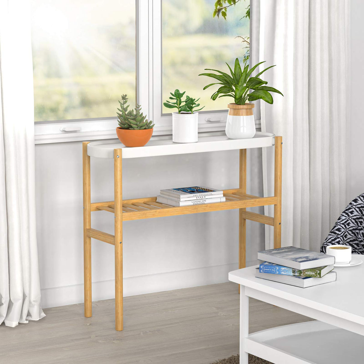 Wisuce Bamboo Shelf Indoor, 2 Tier Window Tall Stand Table for Multiple Plants⊠Wisuce