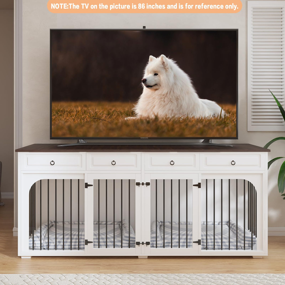86.6" Double Dog Crate Furniture with 4 Drawers,Indoor Wooden Dog Kennel Furniture for 2 Large Breed Dogs with Divider,Heavy Duty Dog Crate Furniture TV Stand for Large Medium Dogs,White Niopatio
