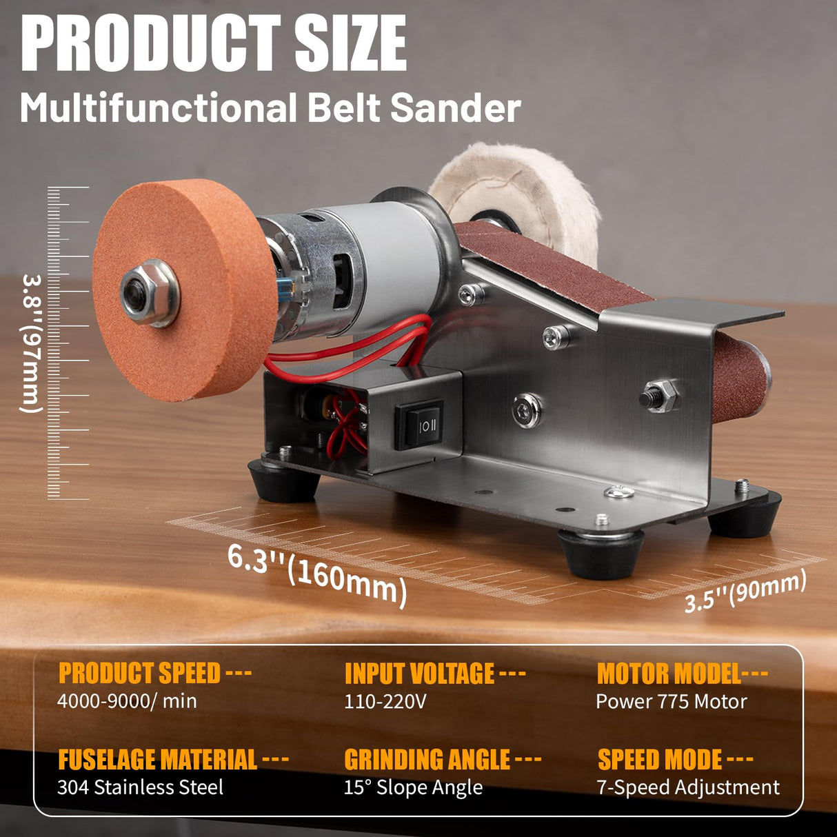 Junchamp Mini Belt Sander - 15 Degree Knife Sharpener Electric Bench Grinder Sanding Machine, 7 Adjustable Speed Buffer Polisher for Metal Wood DIY Handcraft, Tool & Knife Sharpening Junchamp