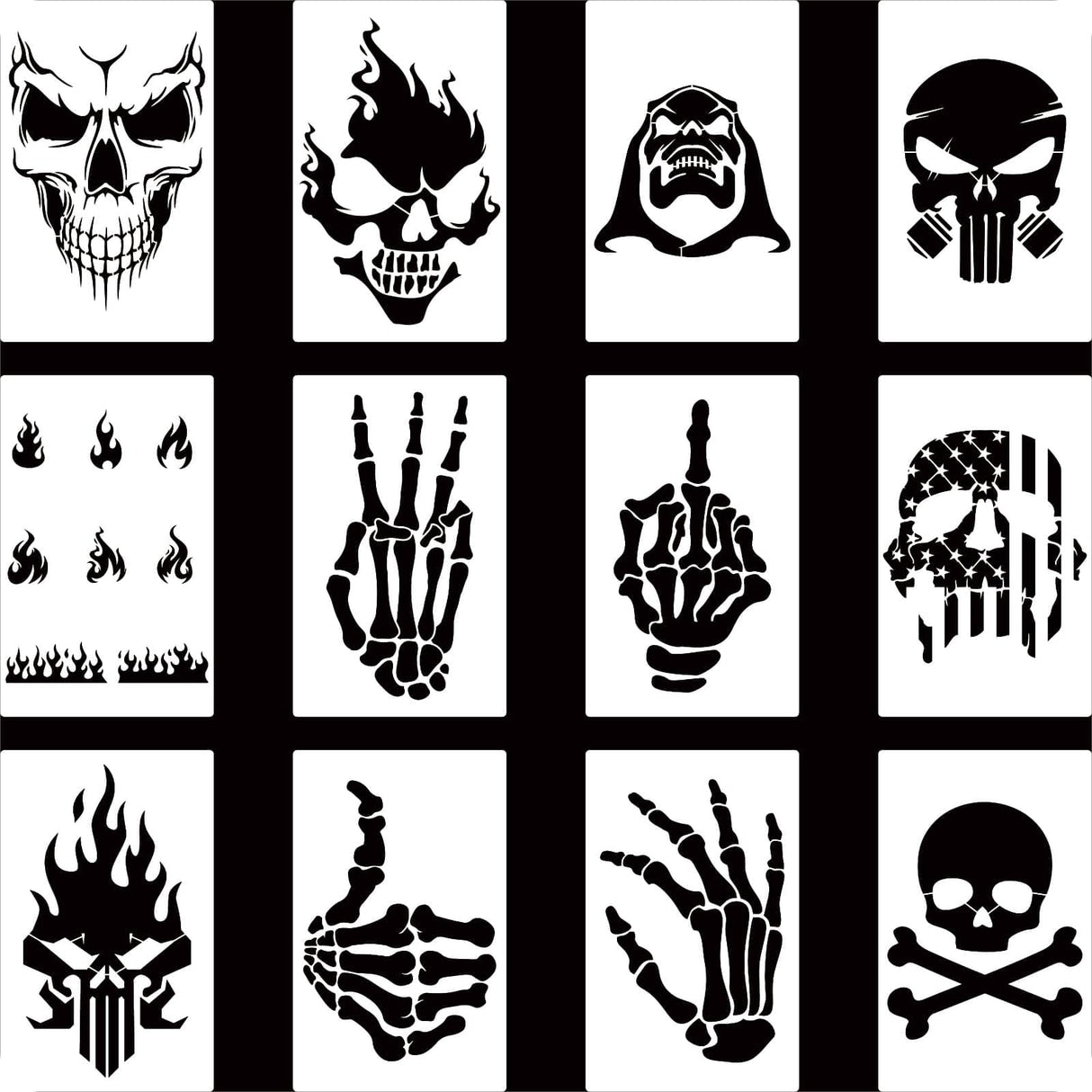 YKW Skull Stencils, 12Pcs Reusable Skeleton Hand Painting Templates, for Wood Walls Chalkboards Rocks DIY Art Projects,Ideal for Crafters, Artists, and Designers YKW