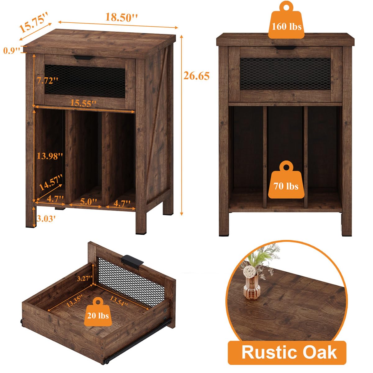 BON AUGURE Record Player Stand with Vinyl Storage, Farmhouse Record Player Cabinet End Table Holds up to 160 Albums, Brown Turntable Stand for Living Room, Bedroom, Office (Rustic Oak) BON AUGURE