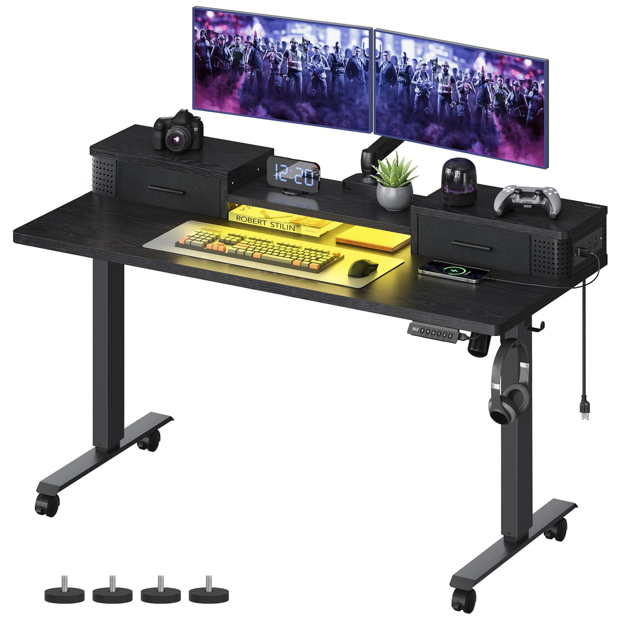 VASAGLE Electric Standing Desk with Drawers, 55.1 x 23.6 Inches, Sit Stand Desk with Power Outlet and LED Lights, Adjustable Height, Storage Shelf, 3 Memory Buttons, for Home Office, Ink Black VASAGLE