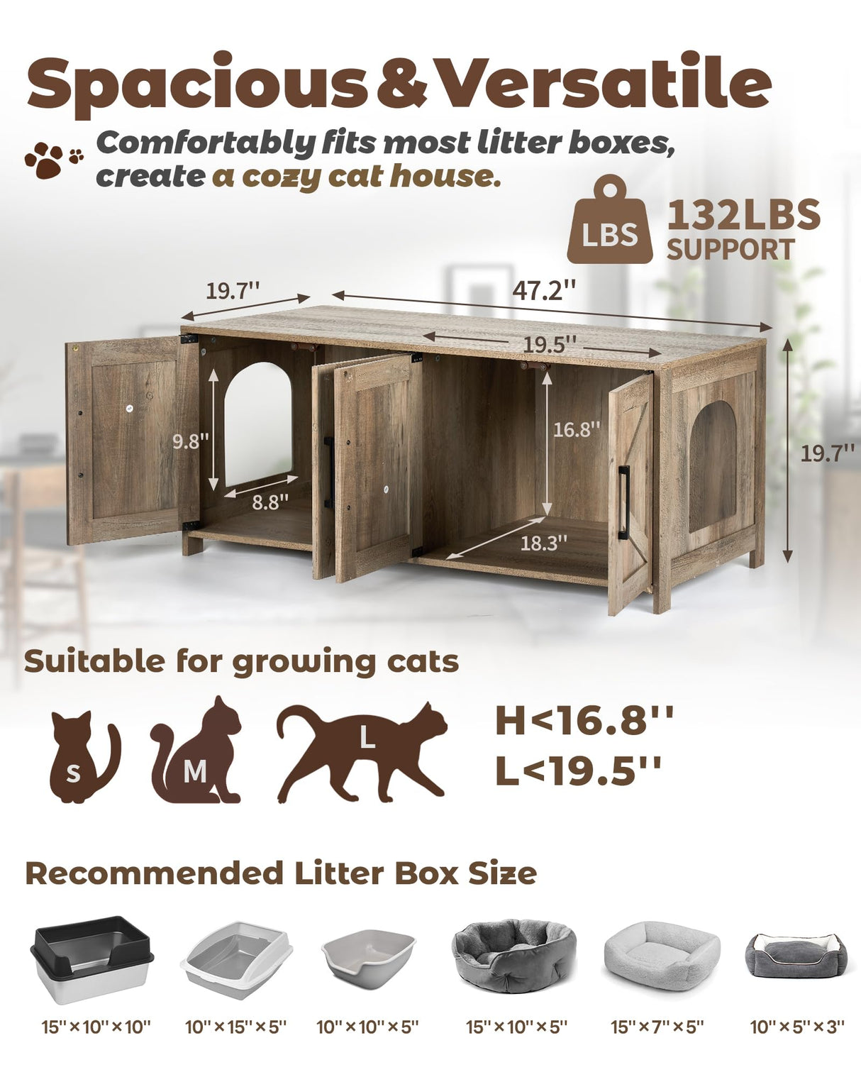 Upolana Cat Litter Box Enclosure, 48 inch Large Hidden Litter Box Furniture for 2 Cats, Double Wooden Kitty Litter Box Cabinet End Side Table, Greige Upolana