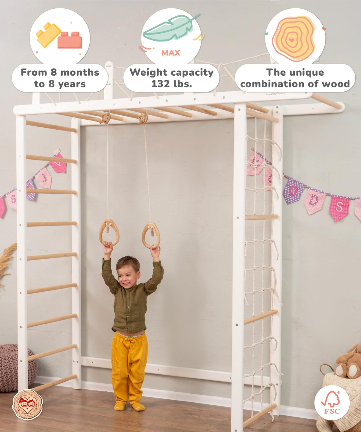 Woodandhearts Swedish Ladder Indoor Playground, Climbing Wall for Kids, Montessori Climbing Set, Indoor Jungle Gym for Toddlers (Pair of Gymnastic Rings) Wood And Hearts