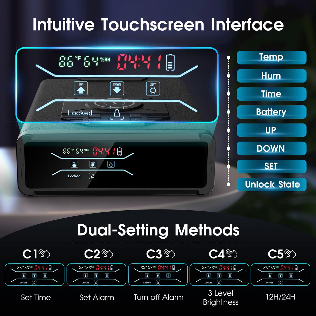 Gun Safe for Handgun Pistol Case - Biometric Quick Access Pistol Safe with Wireless Charging for Watch & Phone, 3-in-1 Fingerprint Keypad Key Lock Gun Box for Home Nightstand Bedside GODELAIF