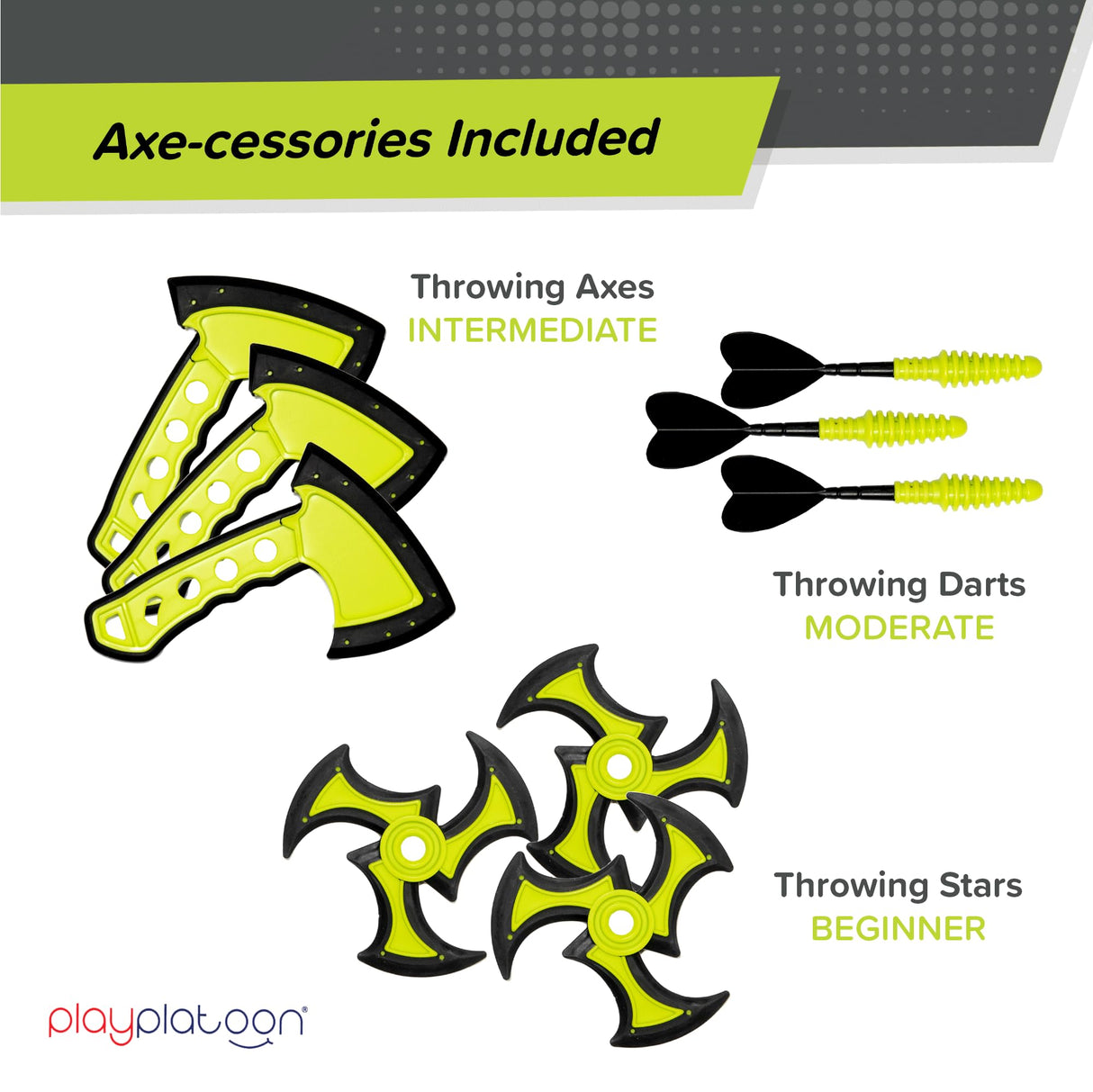 Play Platoon Kids Axe Throwing Game for Backyard, Axe Throwing Set for Adults & Kids, Includes 3 Plastic Hatchets, 3 Throwing Stars & 3 Darts with Bristle Dart Board for Indoor & Outdoor Fun Play Platoon