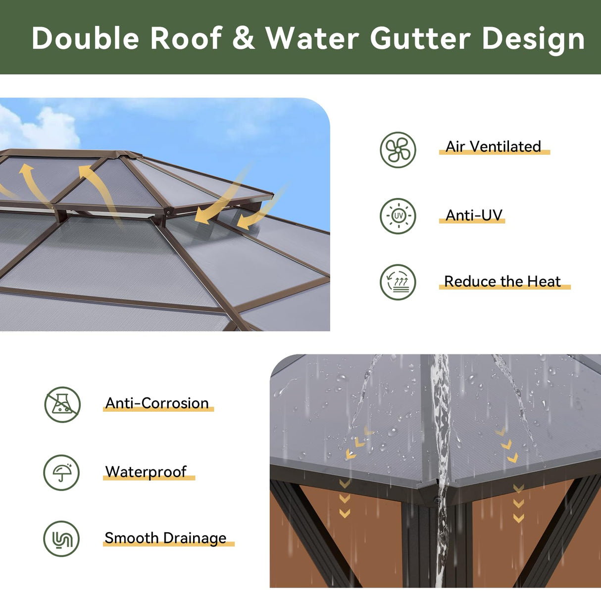 Aoxun 12'x10' Hardtop Gazebo, Aluminum Frame Permanent Pavilion with Curtains and Netting, Outdoor Polycarbonate Double Roof Canopy, Designed for Garden, Lawns, Patio, Brown Aoxun