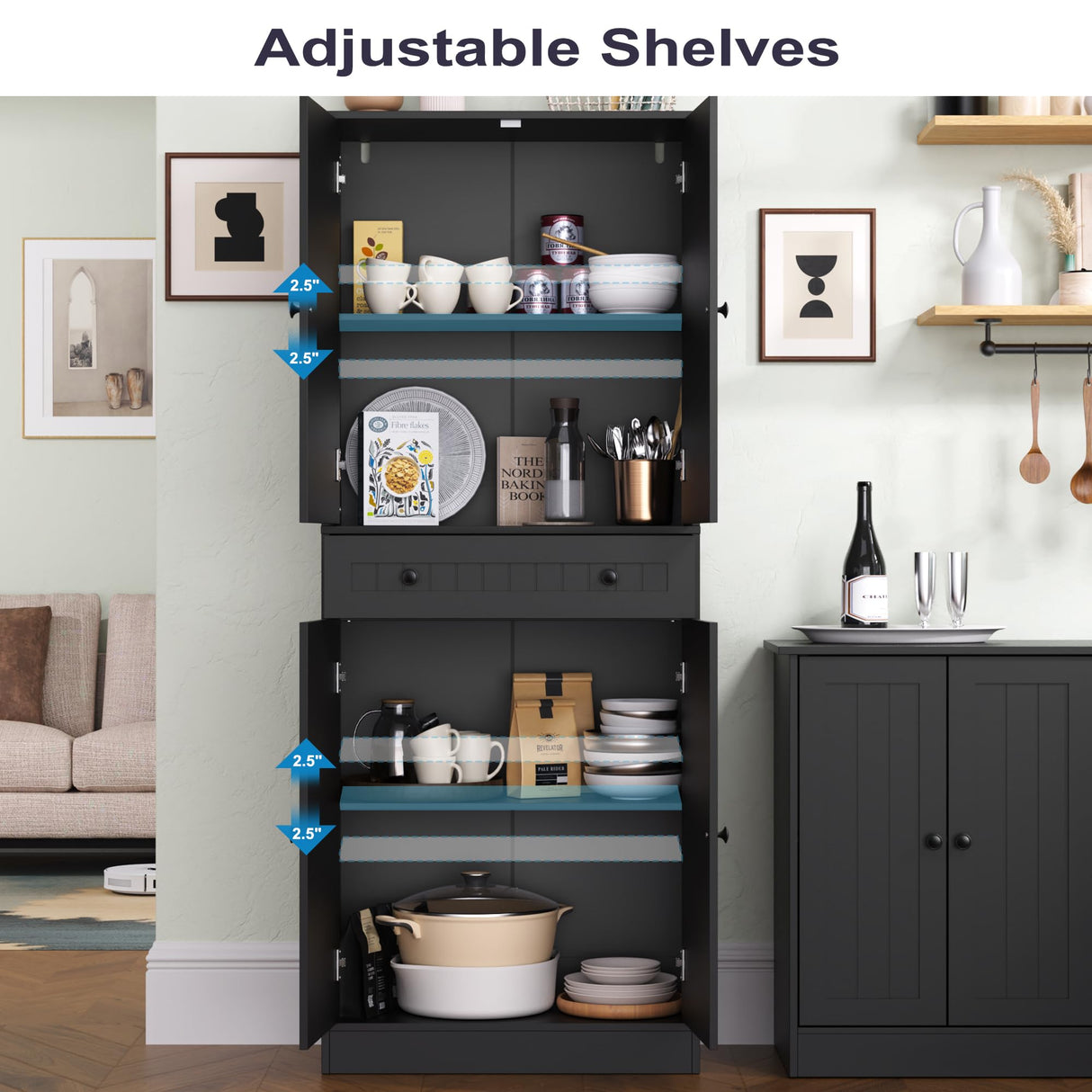 Furnify Kitchen Pantry Storage Cabinet, 71" H Farmhouse Pantry Cabinet with 4 Doors & Drawer, Freestanding Cupboard with Adjustable Shelves, Rustic Wood Cupboard for Kitchen, Dining Room, Black Furnify