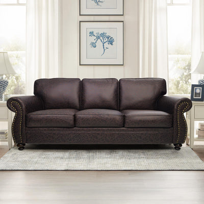 Couchus Mid-Century Vintage Sofa Couches with Rivet Design,loveseat Sofa,Removable Sofa Cover Upholstered Cushions and Solid Wood Frame (Brown, 3-Seater)