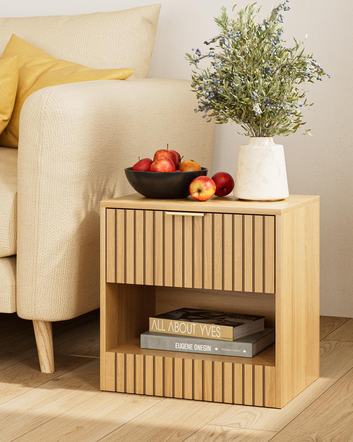 Apetaccat Small Nightstand, Modern Night Stand, Bedside Table with Drawer and Open Shelf, Cube Design, Small Side Table for Bedroom, Living Room, Oak Apetaccat