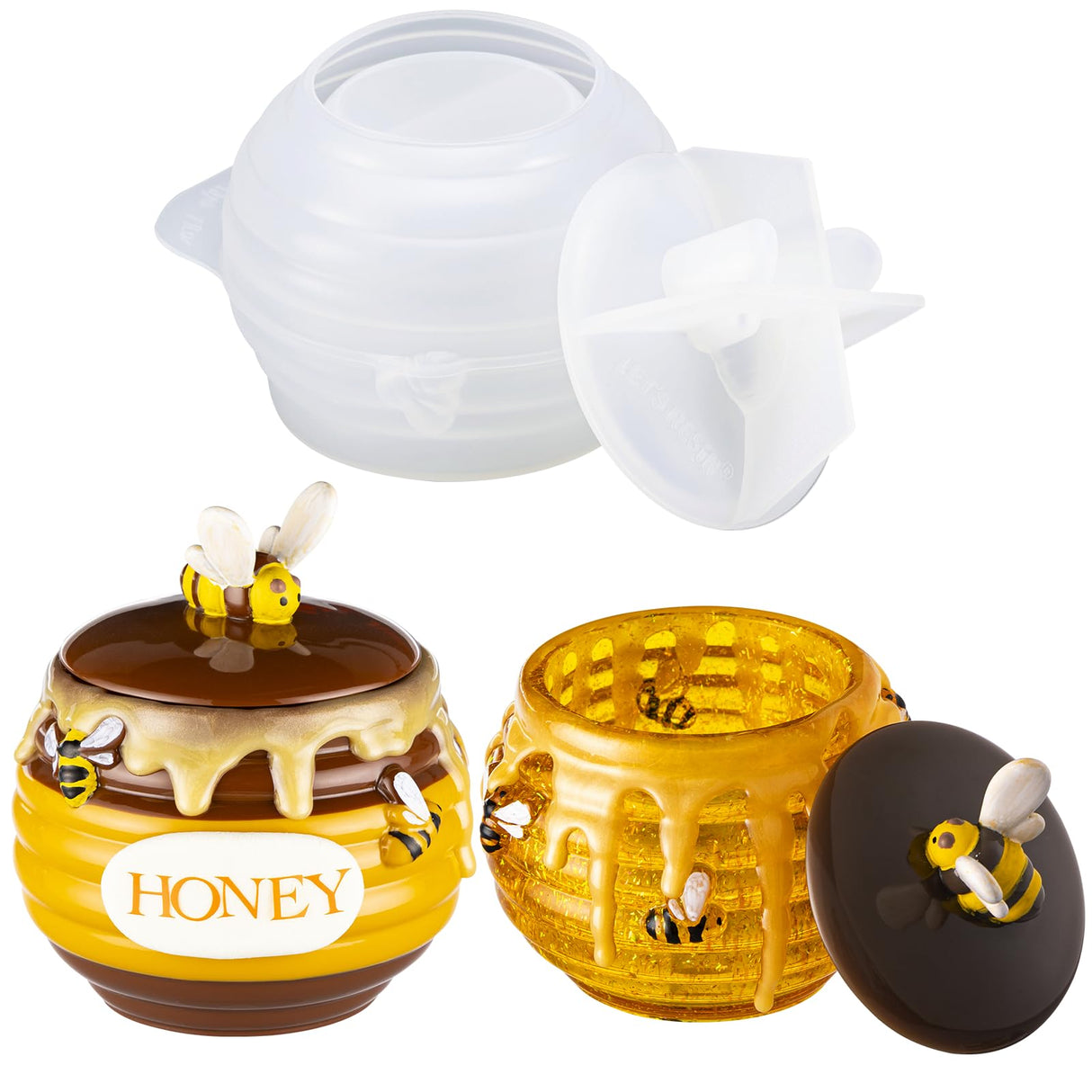 LET’S Resin Honey Jar Resin Molds Silicone, Large Resin Jar Molds with Lid and Bee, Honeycomb Shape Jar Molds for Epoxy Resin Casting Craft, Container Pot,Candle Holder,Party Favors,Christmas Gifts LET'S RESIN