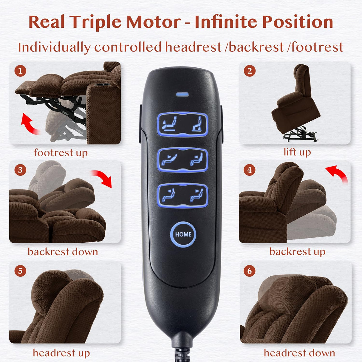 Gehtmnl Large Power Lift Recliner Chair with Triple Motor for Elderly, Independent Power Head Back Foot Adjustments, Infinite Position, Lay Flat, Lift Chairs Recliners - Plush Flannel (Dark Brown) Gehtmnl