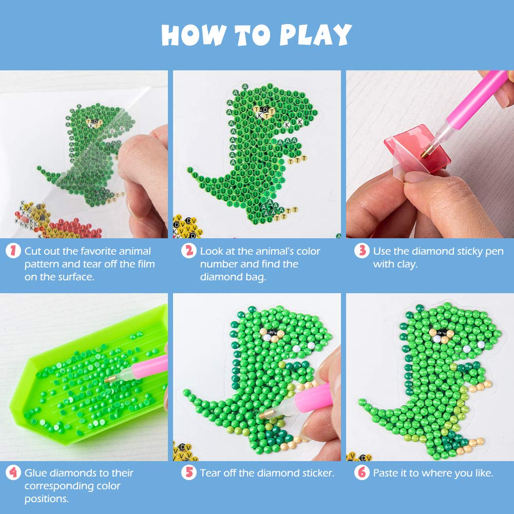 Labeol Diamond Art Kits for Kids Boys and Girls Ages 6-8-10-12 Easy to DIY Creative Diamond Art Sticker Craft by Numbers Kits for Kids and Adult Beginners (Dinosaur) Labeol