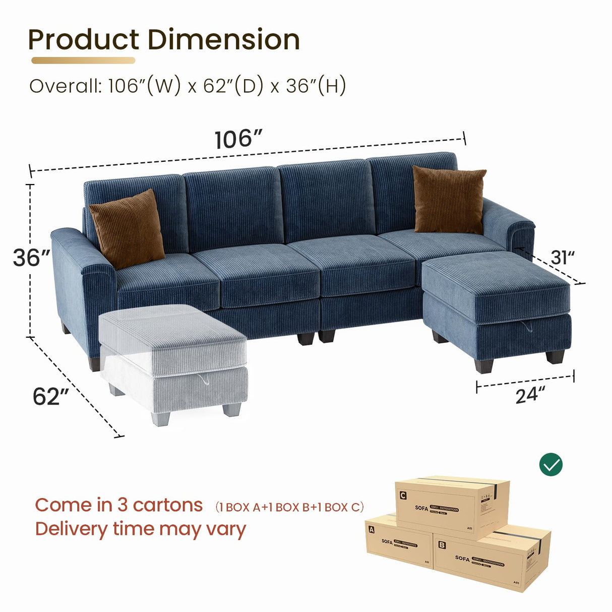KKL Sectional Sofa Couch for Living Room, 106 Inches L Shaped Couch with Storage, 5 Seater Corduroy Home Sofas, Modern Couches with Chaise for Apartment, Sofas para Sala, Blue KKL