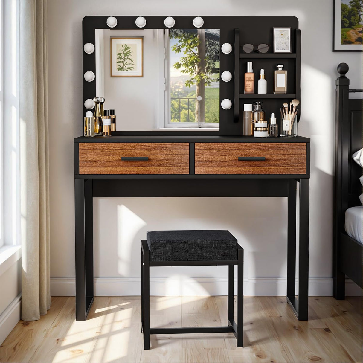 Algherohein Black Makeup Vanity Desk with Mirror and Light Bulb, 39.4" W Make Up Vanity Table with Brown Drawers and Shelves, Dressing Table with Stool and Metal Frame Girls Vanity Set for Bedroom Algherohein