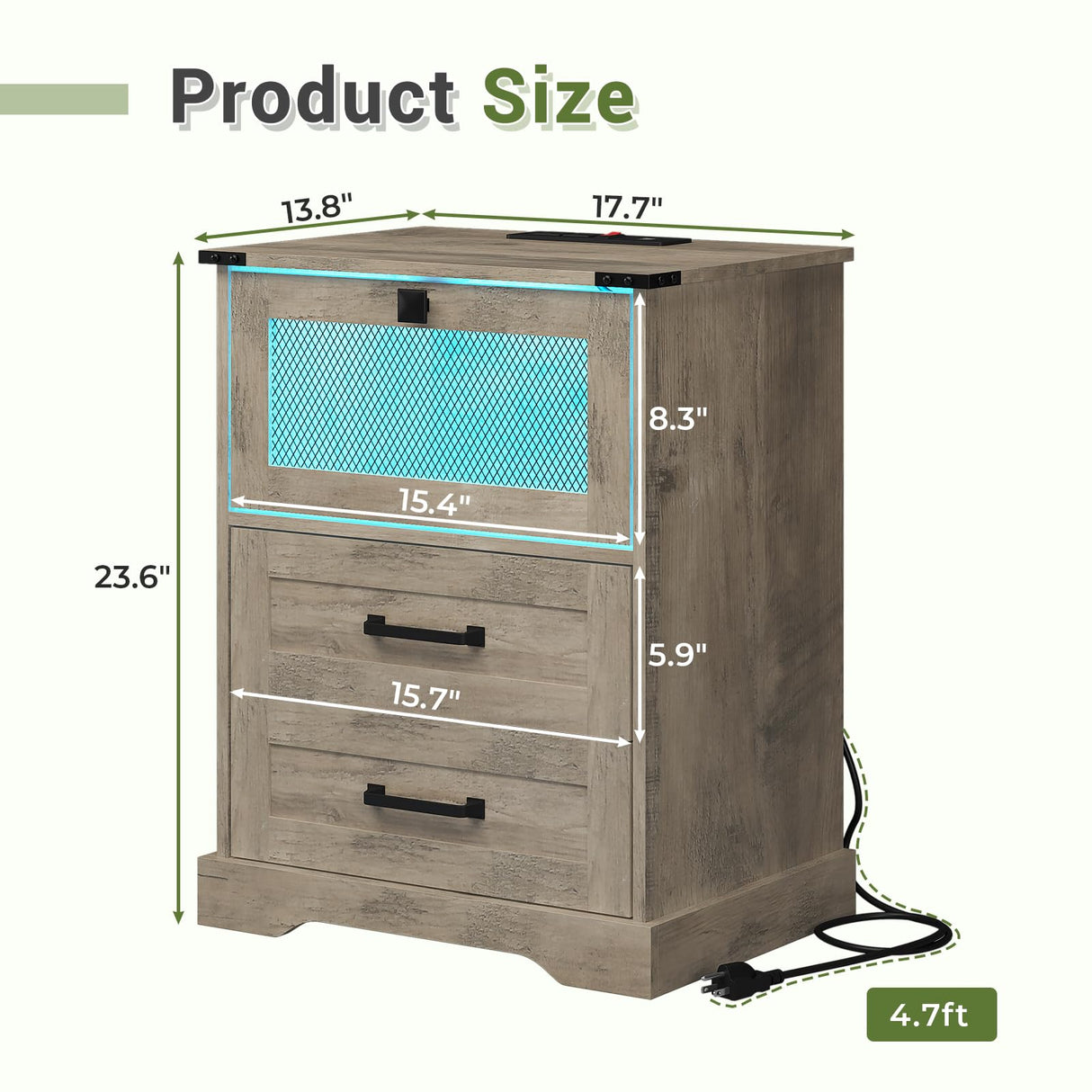 Hasuit Farmhouse Night Stand with LED Lights and Charging Station, Rustic Oak Nightstand with 2 Drawers, and Cubby with Wire Mesh Door, Bedside End Table for Bedroom Hasuit