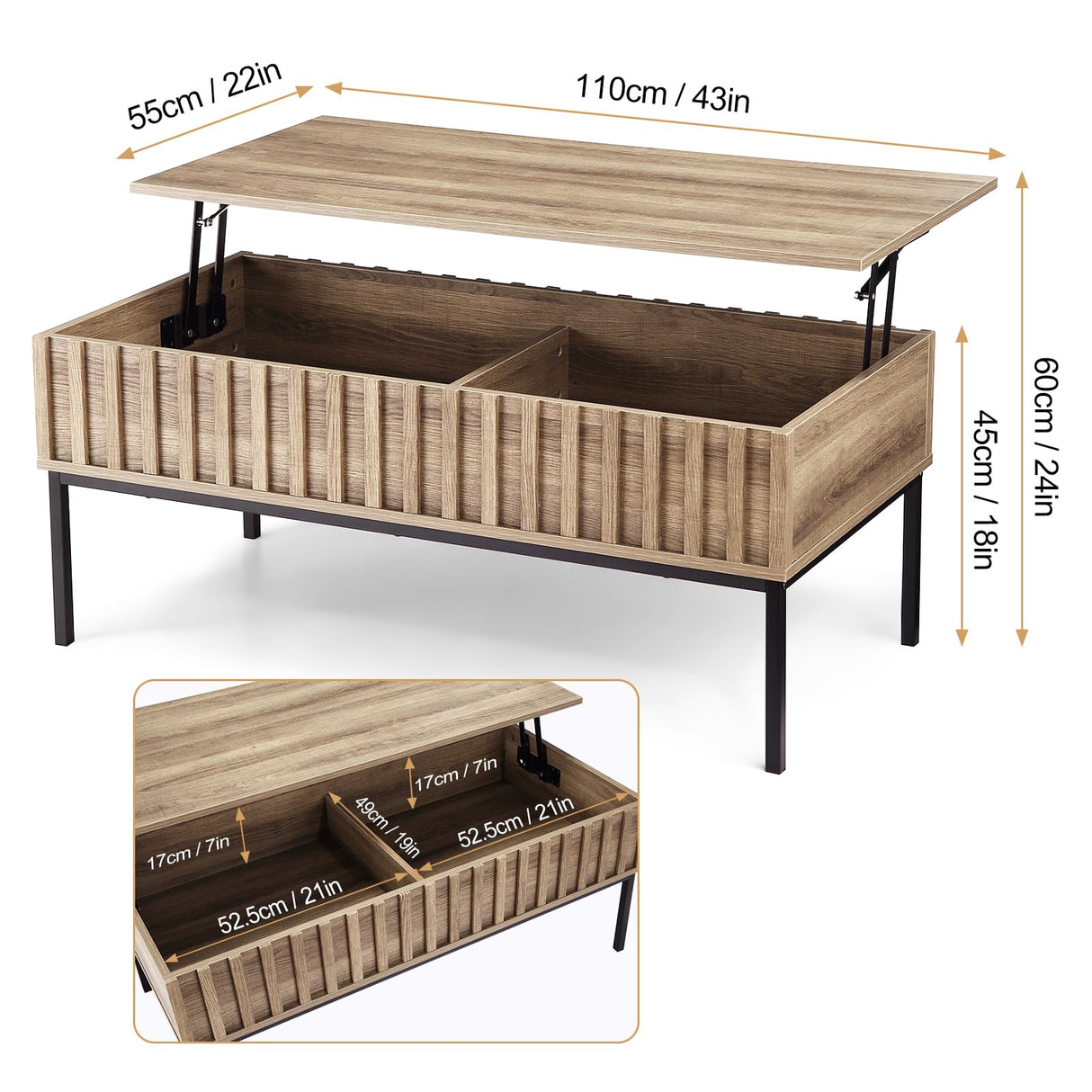 GarveeHome Lift Top Coffee Table, Mid Century Modern Coffee Table, Farmhouse Wooden Coffee Table with Hidden Storage Compartment, Rustic Center Table, Coffee Tables for Living Room Office GarveeHome