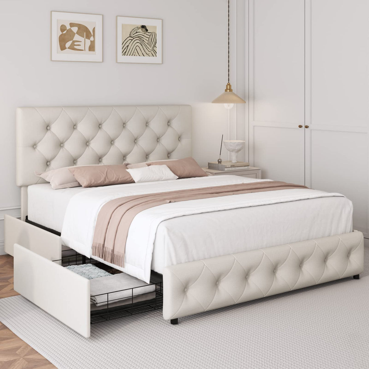 Full Size Bed Frame with 4 Storage Drawers and Adjustable Headboard, Upholstered Platform Bed with Button Tufted Design, Strong Wooden Slats Support, No Box Spring Needed, Fabric, Cream TTVIEW