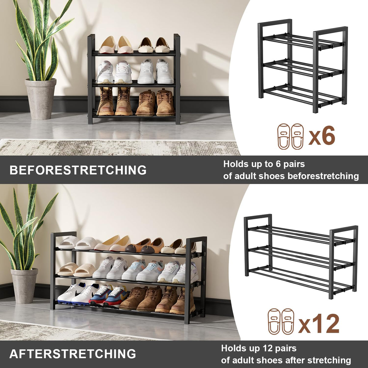 HDDTTZ 3-Tier Expandable Shoe Rack, Adjustable Shoe Shelf Storage Organizer Heavy Duty Metal Free Standing Shoe Rack for Entryway Closet Doorway (Black) HDDTTZ