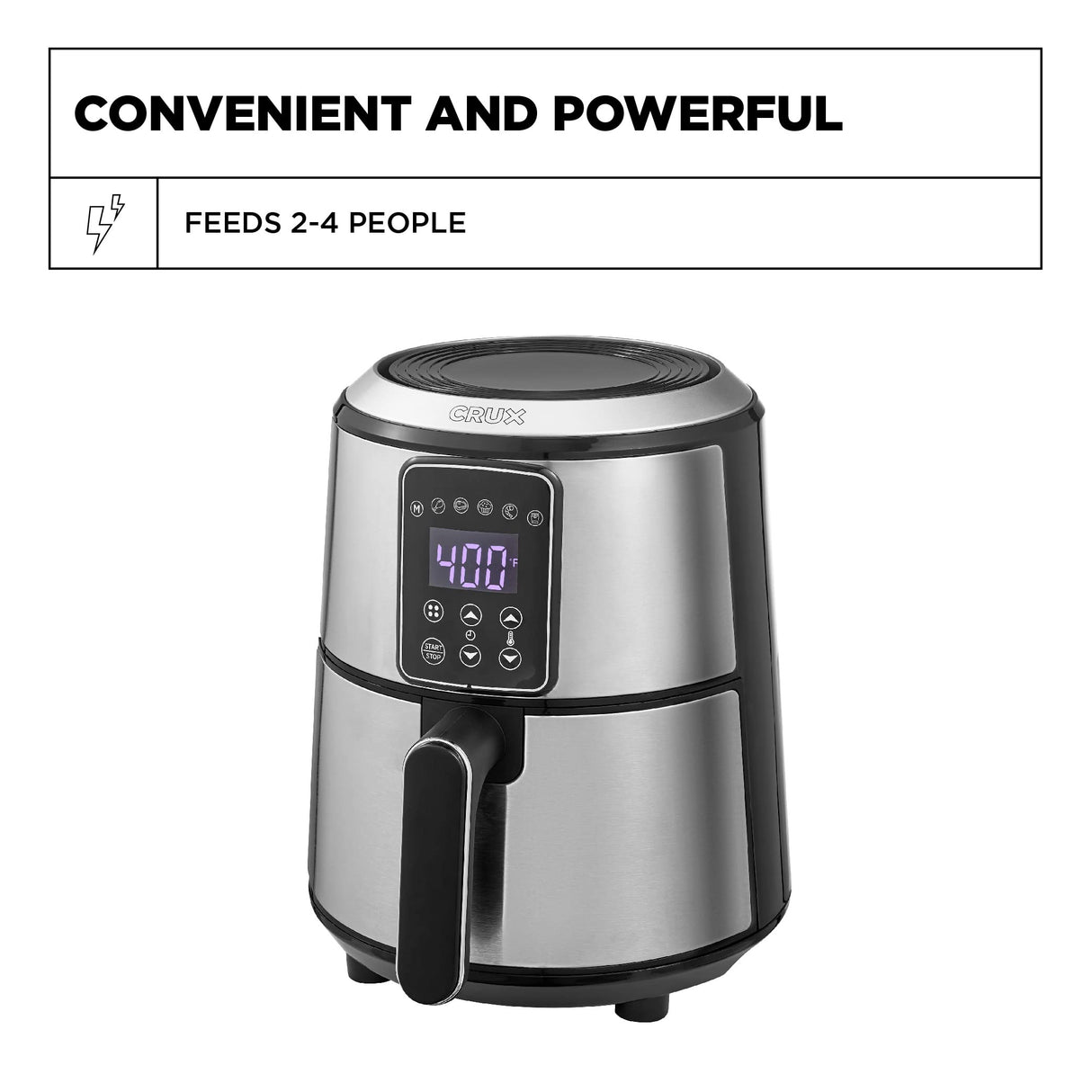 Crux 3QT Digital Air Fryer, Faster Pre-Heat, No-Oil Frying, Fast Healthy Evenly Cooked Meal Every Time, Dishwasher Safe Non Stick Pan and Crisping Tray for Easy Clean Up, Stainless Steel Crux