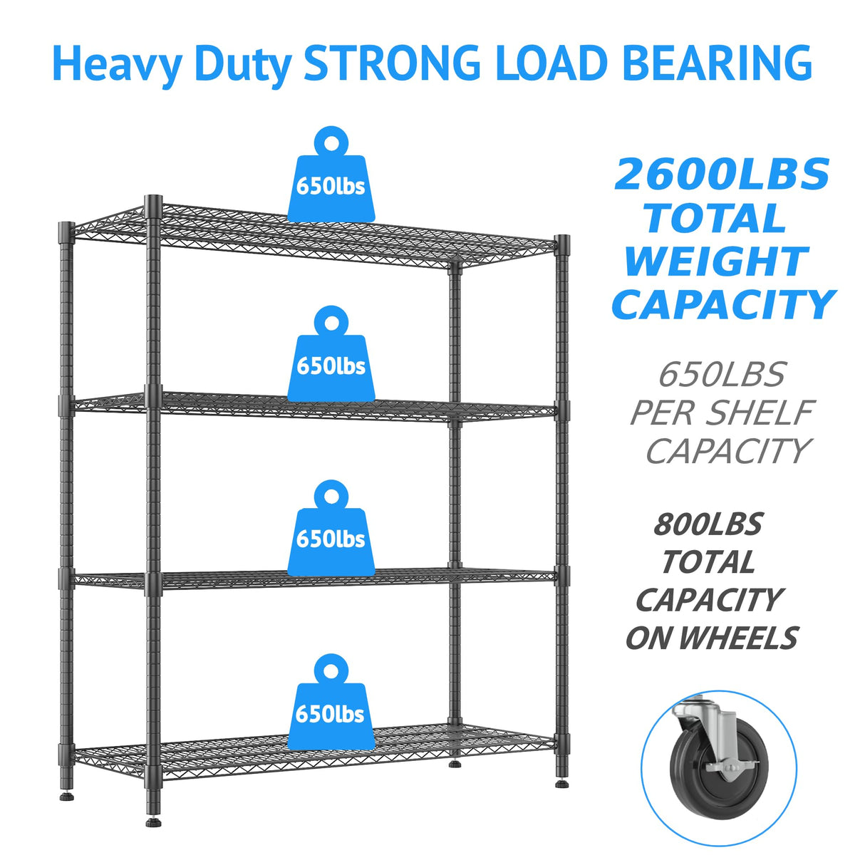 Homdox Heavy Duty Metal Shelves for Storage, 4 Tier Storage Racks and Shelving, Commercial Adjustable Wire Shelving Unit on Wheels, Garage Rack Pantry Shelves Kitchen Shelving, 24"x48"x72", Black Homdox