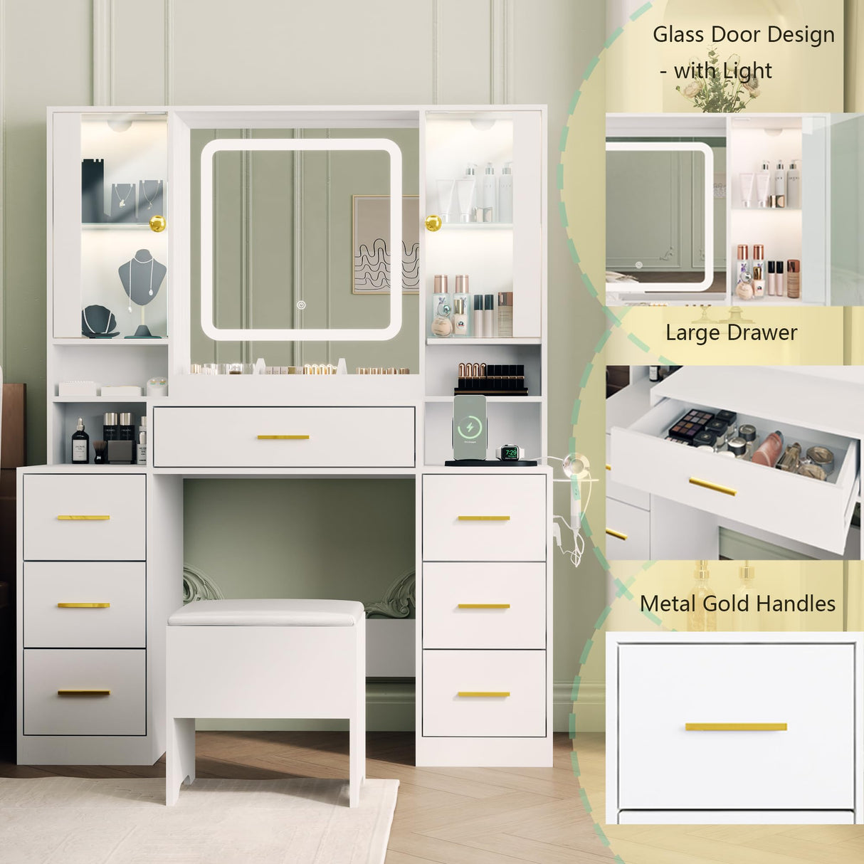 BORNOON Makeup Vanity with LED Light Strip Mirror and Chair, 7 Drawers & 2 RGB Cabinets White Vanity Makeup Desk with Power Strip, Adjustable LED Lighting, and Cushioned Stool for Women, Girls, Teens BORNOON