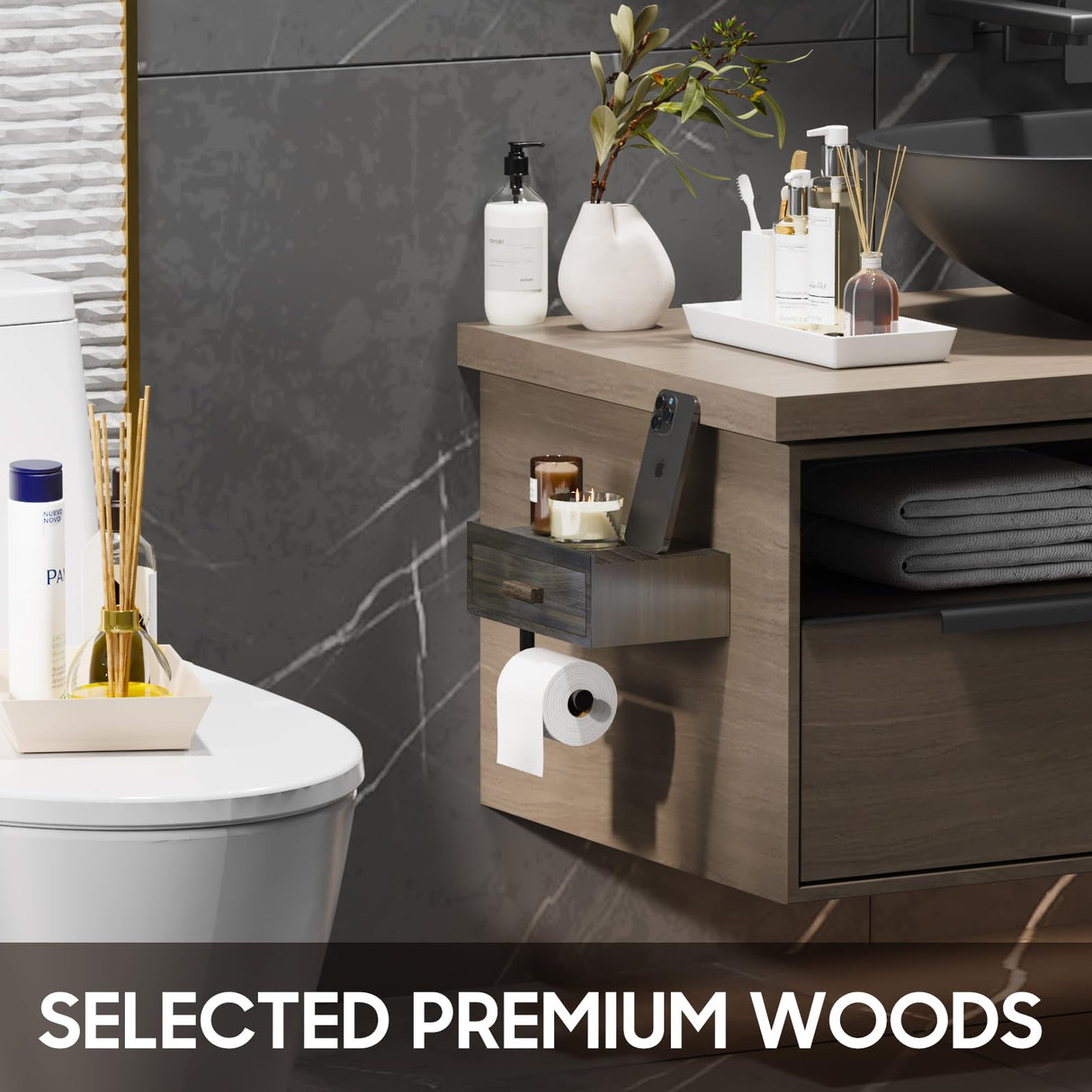 Toilet Paper Holder with Shelf,Wall Mount/Adhesive Rustic Farmhouse Toilet Paper Holder,Wipes Dispenser for Bathroom,Wood Toilet Roll Holder with Storage Drawer(Brown) SUNLOVING