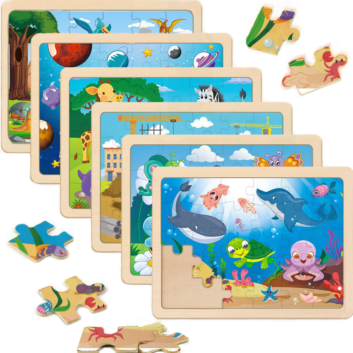 Wooden Puzzles for Kids Ages 4-6, 6 Packs 30 PCs Jigsaw Puzzles for Kids Ages 3-5 | 4-8, Wooden Puzzles for Toddler Children Learning Educational Puzzles Toys for Boys and Girls VOMYOZB