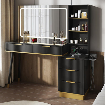 LUXOAK 54" Tall Vanity Desk with 35" W x 24" H Large Mirror and Lights, Large Makeup Vanity Table with 5 Drawers, 3 Shelves and Charging Station, Glass Top Desk for Bedroom, Dressing Room, Black