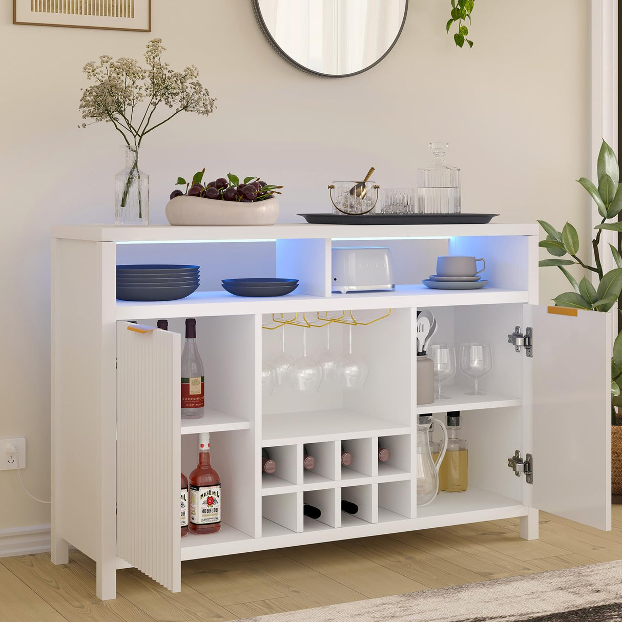 Fluted Home Bar Wine Cabinet with LED Light, Charging Station, Wine Rack - Buffet Cabinet with Storage, Coffee Bar Table, Stylish Fluted Credenza Cabinet for Modern Home Kitchen 47.2" White Svimi