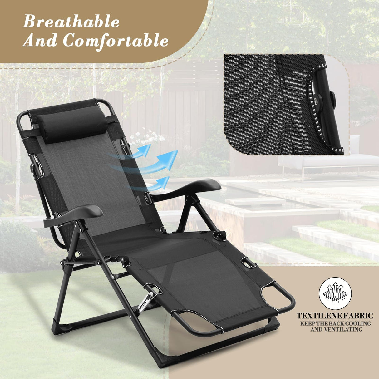 Athena Collection Zero Gravity Outdoor Lounge Chair Recliner, 27" Width Reclining Pool Lounge Lawn Chairs with Headrest and Curved Armrest, Outdoor Chaise for Beach Patio Backyard Outside, Black Athena Collection