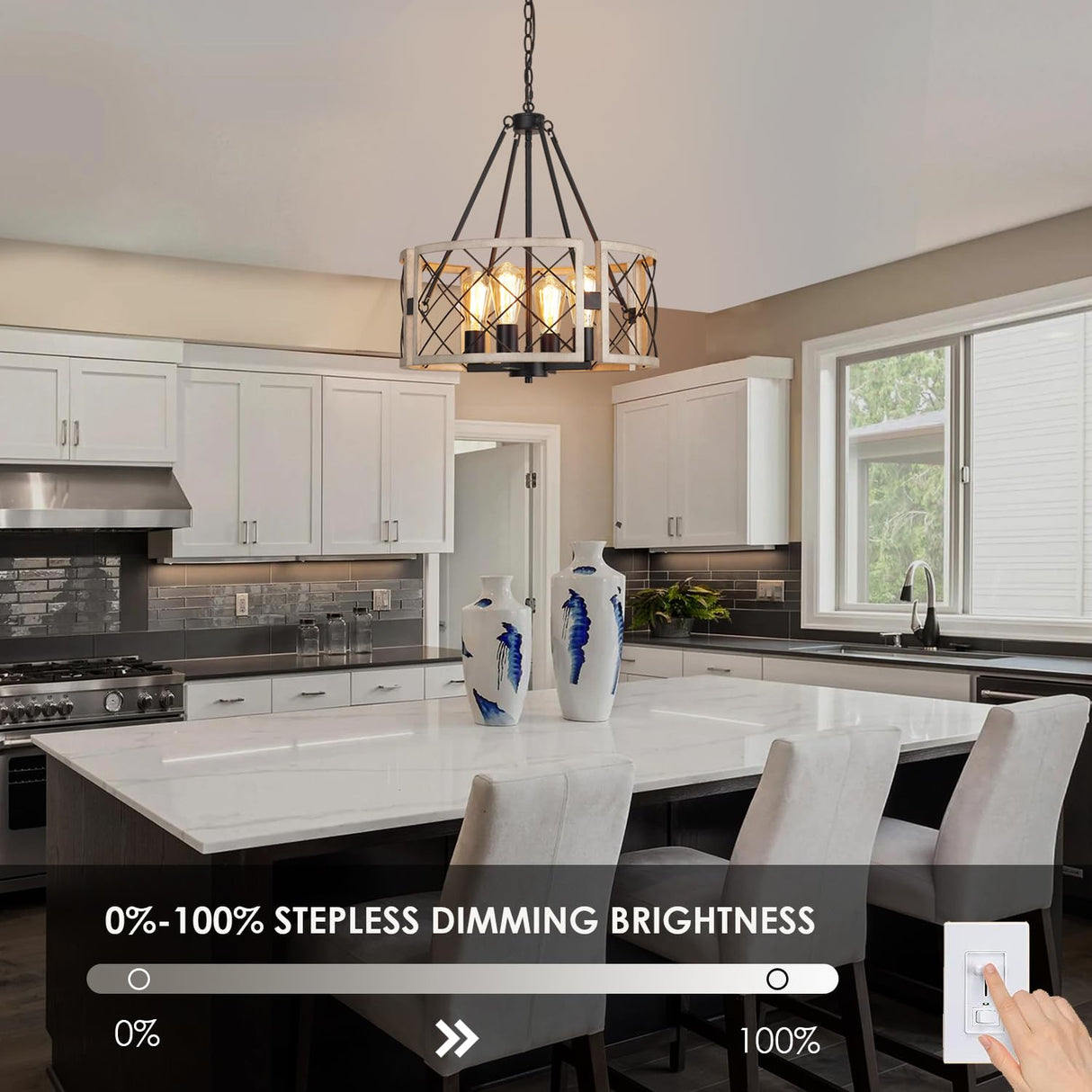 SANTOSTOCK D19'' Farmhouse Chandelier, 4-Light Adjustable Dining Room Light Fixture Kitchen Island Lighting, Rustic Hanging Lights for Entryway Foyer Bedroom Living Room, Black & White Oak SANTOSTOCK